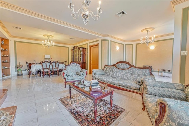 1401 74th St, Brooklyn, NY 11228 - living room with a chandelier, ornamental molding, and built in features