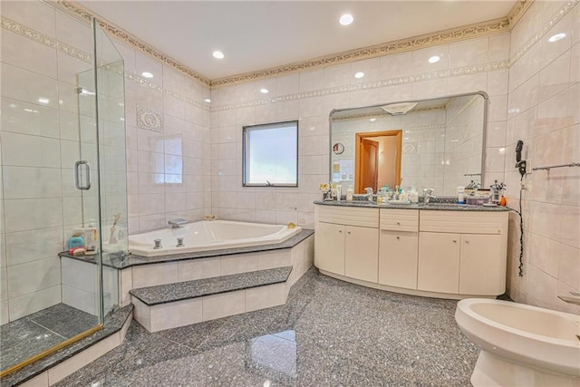 1401 74th St, Brooklyn, NY 11228 - full bathroom featuring tile walls, vanity, a shower stall, a bath, and a bidet