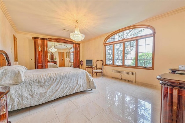 1401 74th St, Brooklyn, NY 11228 - tiled bedroom with radiator, a chandelier, crown molding, and baseboards