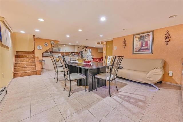 1401 74th St, Brooklyn, NY 11228 - dining space featuring stairs, recessed lighting, light tile patterned floors, and baseboards