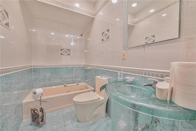 1401 74th St, Brooklyn, NY 11228 - full bathroom with tile walls, tile patterned floors, toilet, and bathtub / shower combination