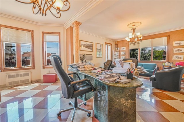 1401 74th St, Brooklyn, NY 11228 - home office featuring radiator, a chandelier, healthy amount of natural light, ornamental molding, and baseboards