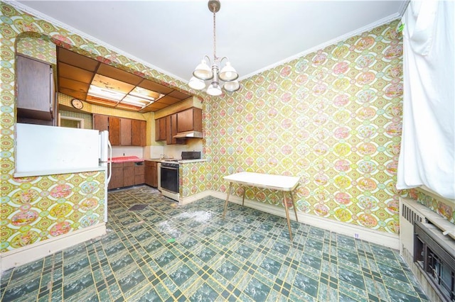 2327 E 16th St, Brooklyn, NY 11229 - kitchen featuring white stove, wallpapered walls, dark floors, baseboards, and a chandelier