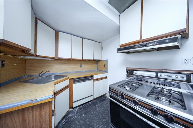2327 E 16th St, Brooklyn, NY 11229 - kitchen featuring gas range oven, white dishwasher, a sink, under cabinet range hood, and white cabinetry