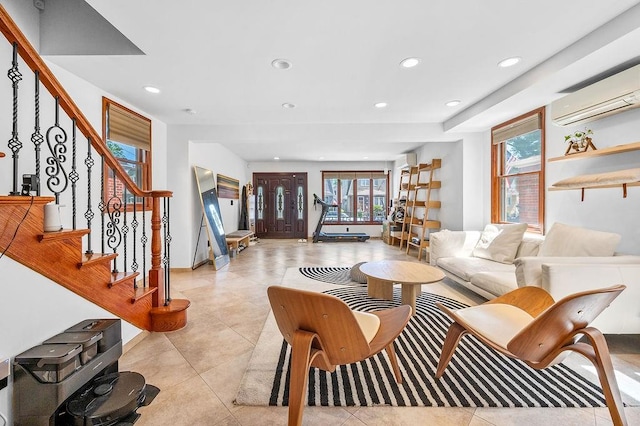 1440 81st St, Brooklyn, NY 11228 - living room featuring light tile patterned floors, recessed lighting, stairs, and a wall unit AC
