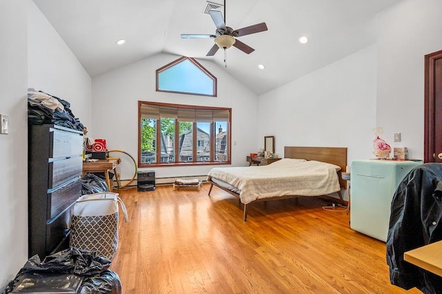 1440 81st St, Brooklyn, NY 11228 - bedroom featuring light wood-style floors, a baseboard radiator, ceiling fan, high vaulted ceiling, and recessed lighting