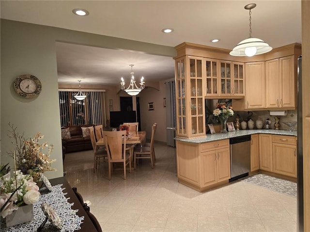 kitchen featuring dishwasher, a chandelier, glass insert cabinets, light brown cabinetry, and decorative light fixtures