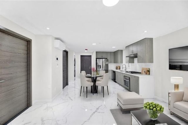 living area with baseboards, light marble finish flooring, recessed lighting, and a wall mounted air conditioner