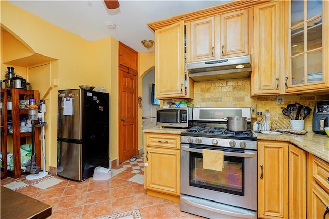 kitchen with appliances with stainless steel finishes, under cabinet range hood, backsplash, glass insert cabinets, and arched walkways