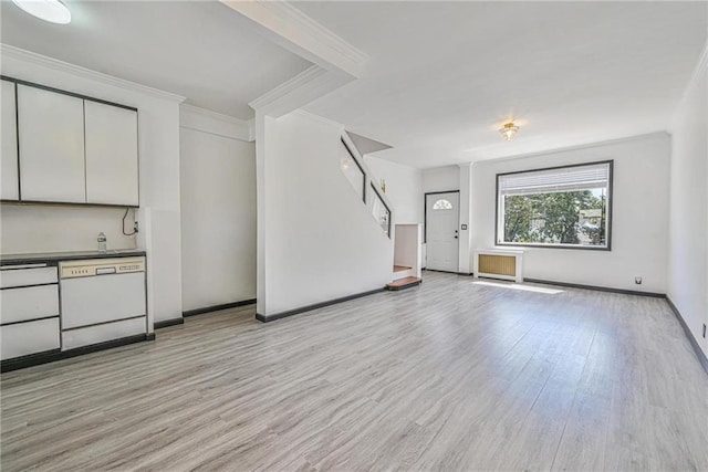 1155 Shore Pkwy, Brooklyn, NY 11214 - unfurnished living room featuring ornamental molding, stairway, light wood finished floors, and radiator heating unit