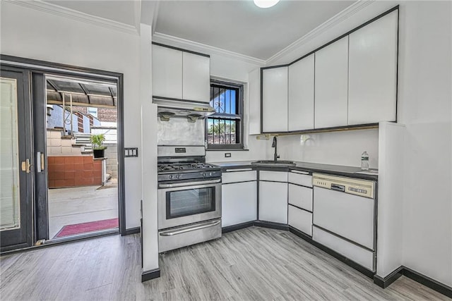 1155 Shore Pkwy, Brooklyn, NY 11214 - kitchen with stainless steel range with gas cooktop, white dishwasher, light wood-style flooring, plenty of natural light, and crown molding