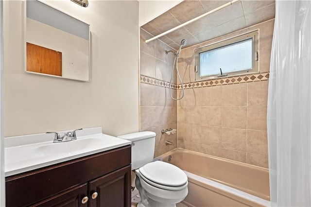 full bathroom with shower / bathtub combination with curtain, toilet, and vanity