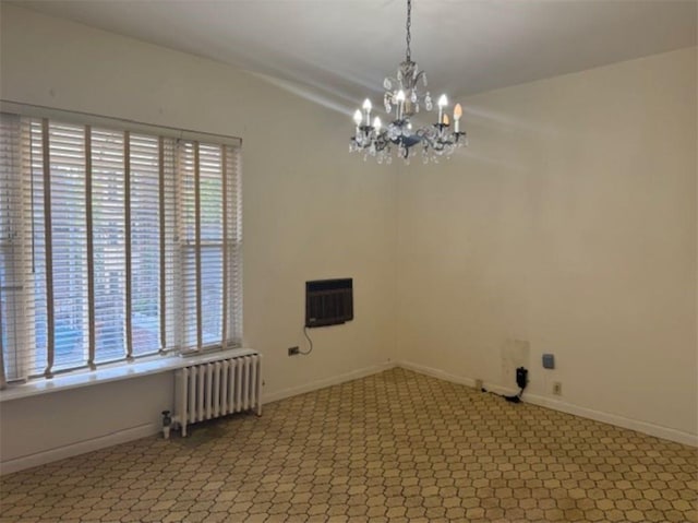 1113 68th St, Brooklyn, NY 11219 - unfurnished room featuring radiator heating unit, a chandelier, plenty of natural light, light carpet, and vaulted ceiling