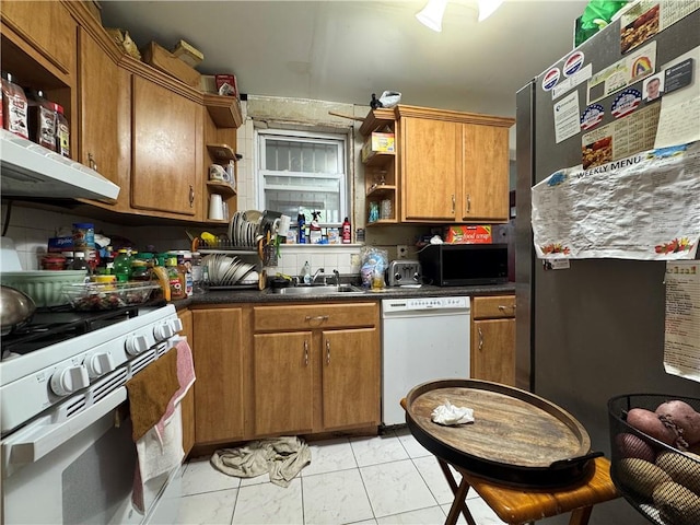 kitchen with open shelves, white appliances, a sink, and brown cabinetry