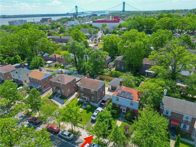 bird's eye view of a notable bridge and a large body of water