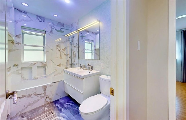2291 E 21st St, Brooklyn, NY 11229 - bathroom featuring a combined bath / shower with marble appearance, vanity, toilet, and recessed lighting