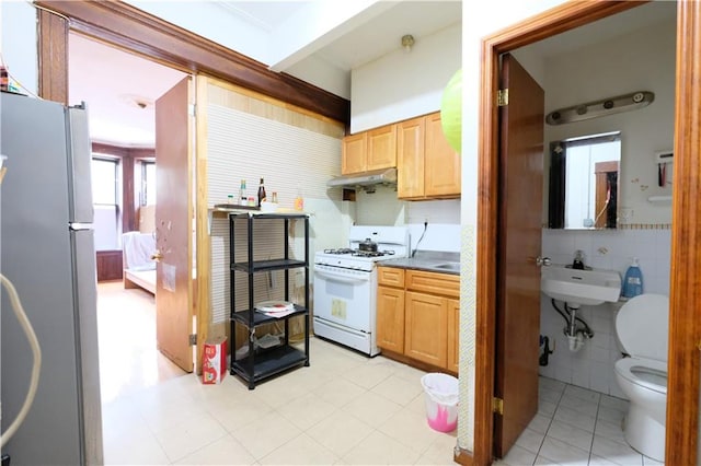 642 56th St, Brooklyn, NY 11220 - kitchen featuring white range with gas stovetop, freestanding refrigerator, light brown cabinets, under cabinet range hood, and a sink