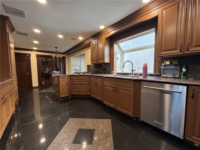 kitchen with stainless steel dishwasher, a peninsula, tasteful backsplash, ornamental molding, and a sink