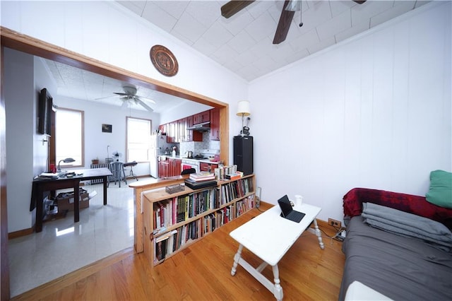living room with ceiling fan, a desk, light wood finished floors, and ornamental molding
