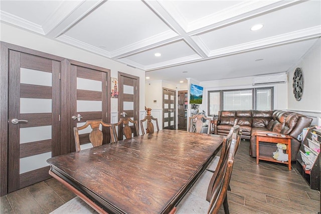 30-30 78th St, Queens, NY 11370 - dining area with coffered ceiling, dark wood-type flooring, french doors, a wall mounted air conditioner, and recessed lighting