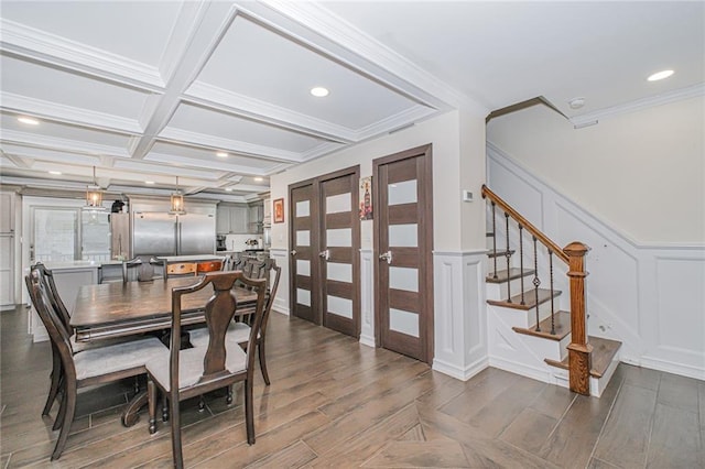 30-30 78th St, Queens, NY 11370 - dining room with a decorative wall, stairway, dark wood finished floors, ornamental molding, and coffered ceiling