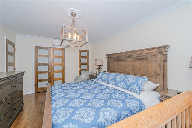 30-30 78th St, Queens, NY 11370 - bedroom featuring ornamental molding, a chandelier, dark wood finished floors, and baseboards
