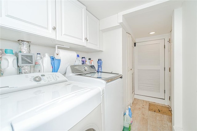 30-30 78th St, Queens, NY 11370 - laundry area with washing machine and clothes dryer, cabinet space, recessed lighting, and light wood-style flooring
