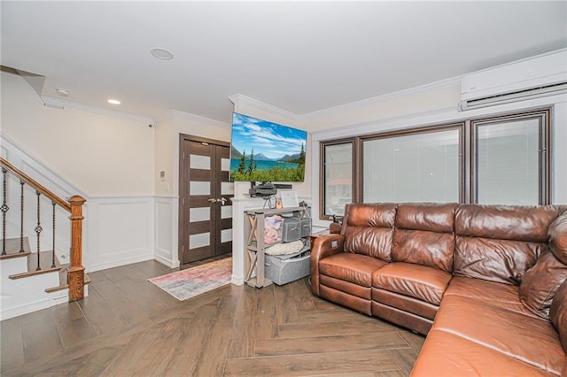 30-30 78th St, Queens, NY 11370 - living room featuring a wall mounted AC, ornamental molding, a wainscoted wall, stairway, and recessed lighting