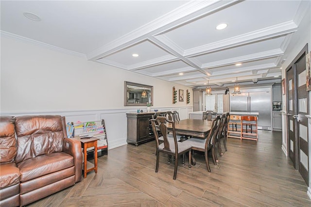 30-30 78th St, Queens, NY 11370 - dining room with coffered ceiling, ornamental molding, dark wood-style floors, wainscoting, and recessed lighting