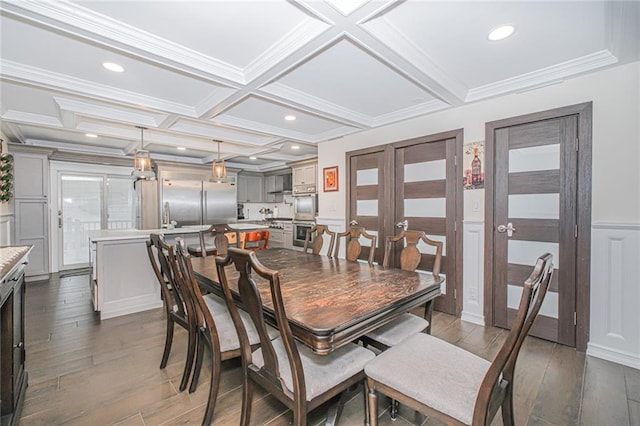 30-30 78th St, Queens, NY 11370 - dining area with coffered ceiling, dark wood finished floors, beam ceiling, recessed lighting, and ornamental molding