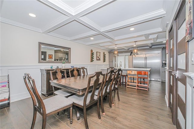 30-30 78th St, Queens, NY 11370 - dining room with coffered ceiling, wood finished floors, ornamental molding, wainscoting, and recessed lighting