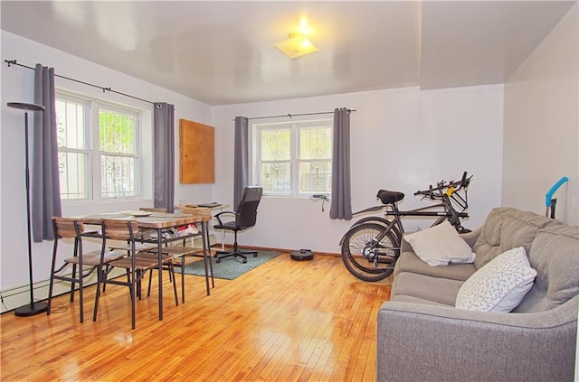 living area featuring light wood-type flooring, plenty of natural light, and baseboards