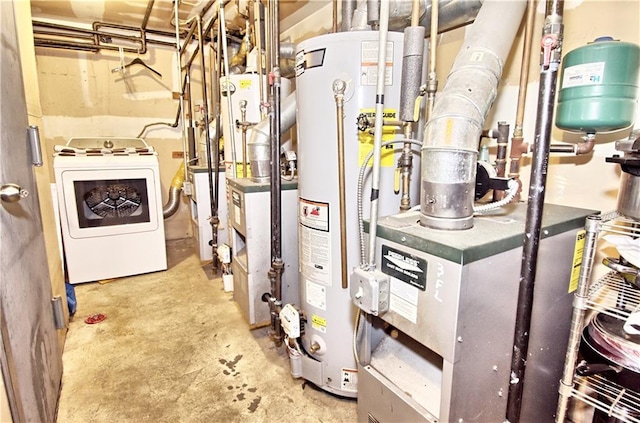 utilities featuring washer / clothes dryer, water heater, and a heating unit