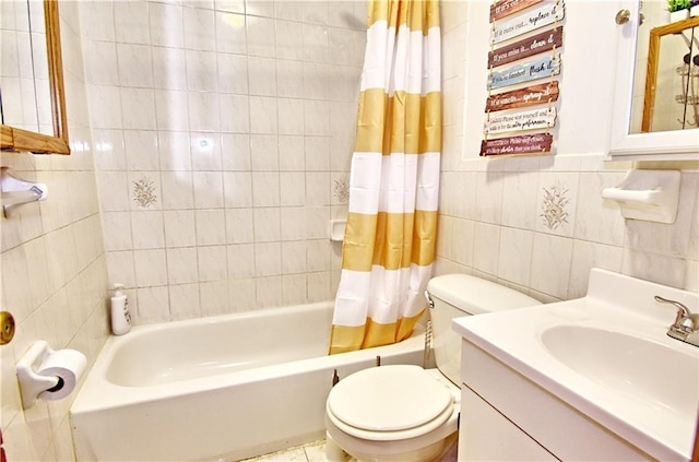 full bathroom with tile walls, shower / bath combination with curtain, toilet, and vanity