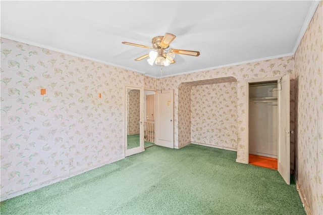 1484 E 16th St, Brooklyn, NY 11230 - unfurnished bedroom with ornamental molding, wallpapered walls, carpet flooring, and a ceiling fan