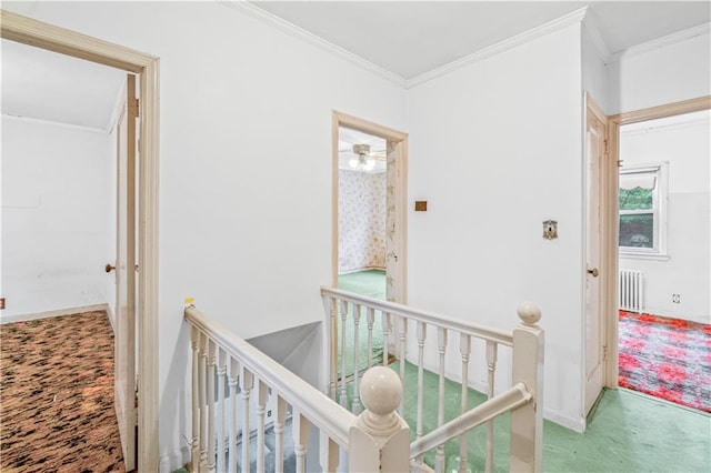 1484 E 16th St, Brooklyn, NY 11230 - corridor featuring an upstairs landing, radiator heating unit, carpet flooring, and crown molding