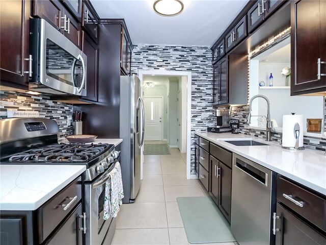 139 Tennyson Dr, Staten Island, NY 10308 - kitchen with appliances with stainless steel finishes, a sink, light tile patterned flooring, backsplash, and dark brown cabinets