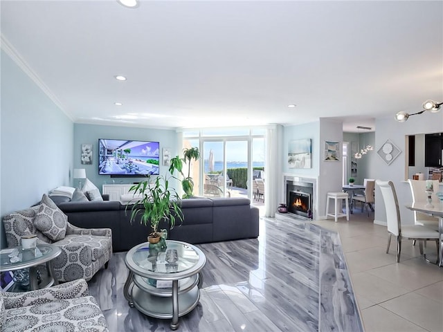 139 Tennyson Dr, Staten Island, NY 10308 - living room with ornamental molding, a lit fireplace, light tile patterned floors, and recessed lighting