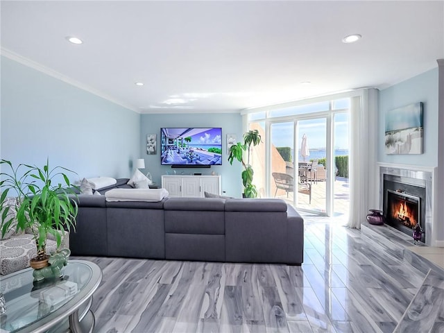 139 Tennyson Dr, Staten Island, NY 10308 - living area with a premium fireplace, ornamental molding, recessed lighting, and light wood finished floors