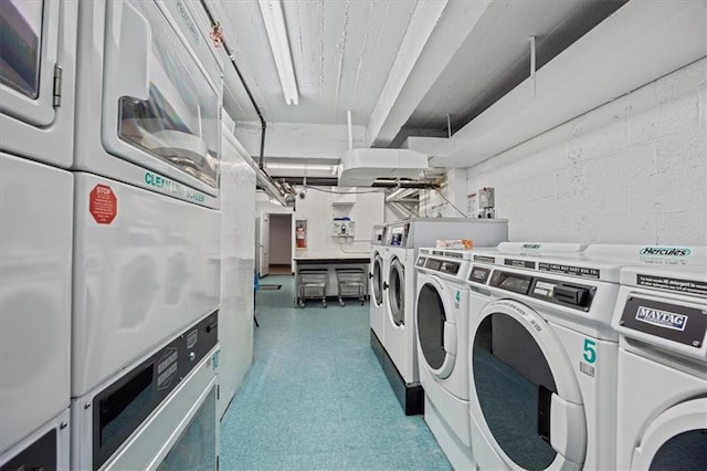 9040 Fort Hamilton Pkwy Unit 2I, Brooklyn, NY 11209 - shared laundry room featuring stacked washing machine and dryer, independent washer and dryer, and concrete block wall