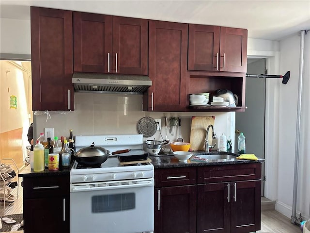 537 56th St, Brooklyn, NY 11220 - kitchen with white gas range oven, under cabinet range hood, a sink, and dark brown cabinets
