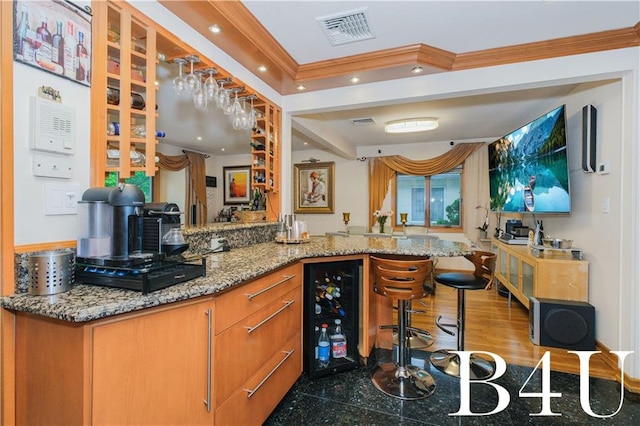 2544 E 64th St, Brooklyn, NY 11234 - indoor wet bar featuring beverage cooler, ornamental molding, and recessed lighting