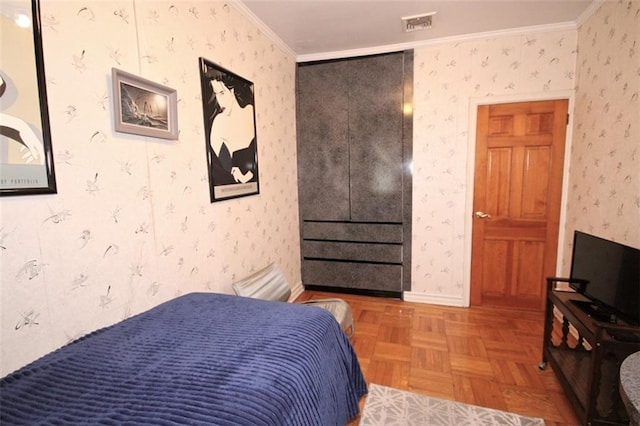 119 Langham St, Brooklyn, NY 11235 - bedroom featuring crown molding and wallpapered walls