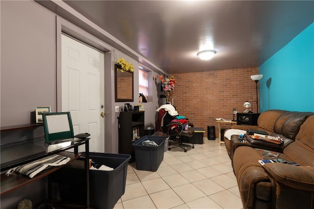 432 Neckar Ave, Staten Island, NY 10304 - living room featuring brick wall and light tile patterned floors