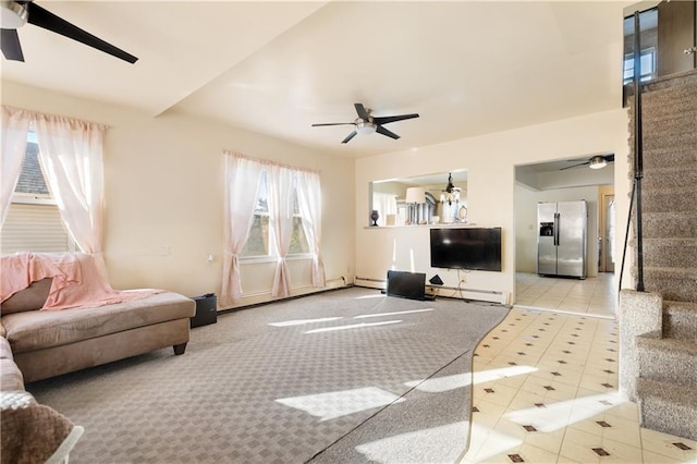432 Neckar Ave, Staten Island, NY 10304 - tiled living room with a ceiling fan, a baseboard radiator, stairs, and baseboards