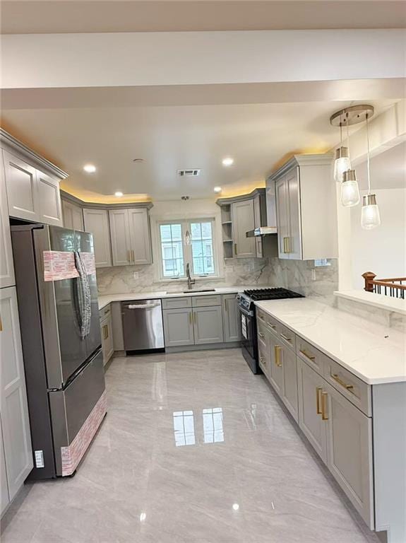30 Church Ave, Staten Island, NY 10314 - kitchen featuring stainless steel appliances, gray cabinetry, decorative backsplash, and recessed lighting