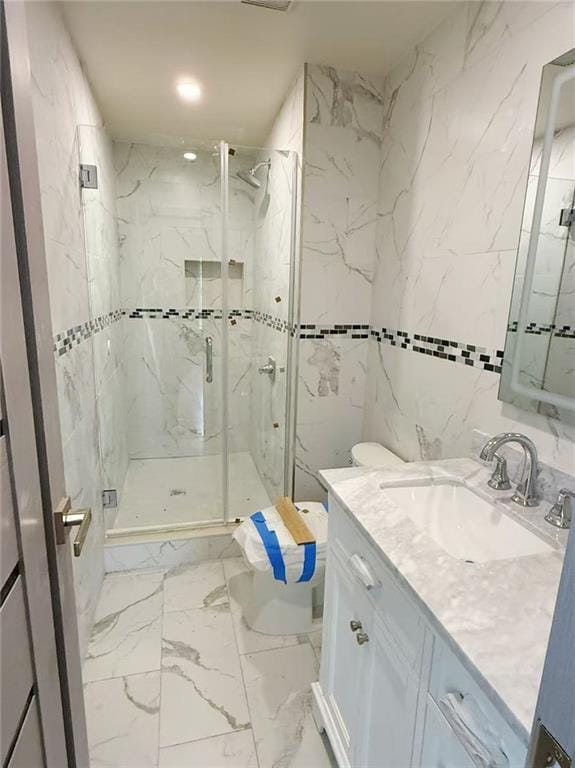 30 Church Ave, Staten Island, NY 10314 - full bathroom featuring vanity, a marble finish shower, marble finish flooring, and recessed lighting