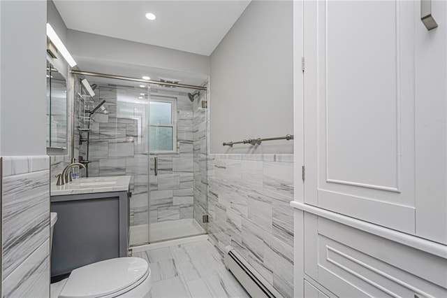1929 E 36th St, Brooklyn, NY 11234 - bathroom featuring tile walls, toilet, marble look tiles, vanity, and a shower stall