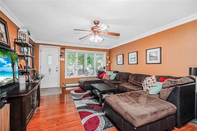 1929 E 36th St, Brooklyn, NY 11234 - living room with crown molding, a ceiling fan, a baseboard heating unit, and wood finished floors