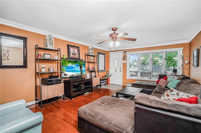 1929 E 36th St, Brooklyn, NY 11234 - living area with a ceiling fan, wood finished floors, ornamental molding, baseboards, and baseboard heating